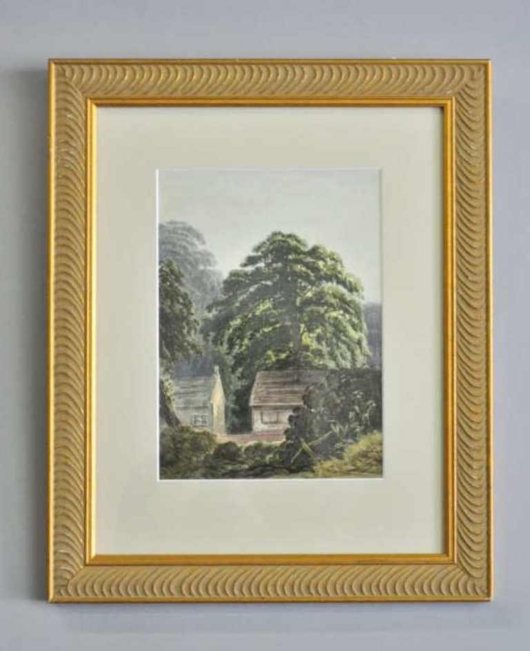 19th Century British Watercolor Landscape: Watercolor on paper from the British School of the 19th century. Depicting a landscape with houses and tall, leafy trees. Housed in a carved gilt wood frame with a single matte. 16.5 inches height, 13