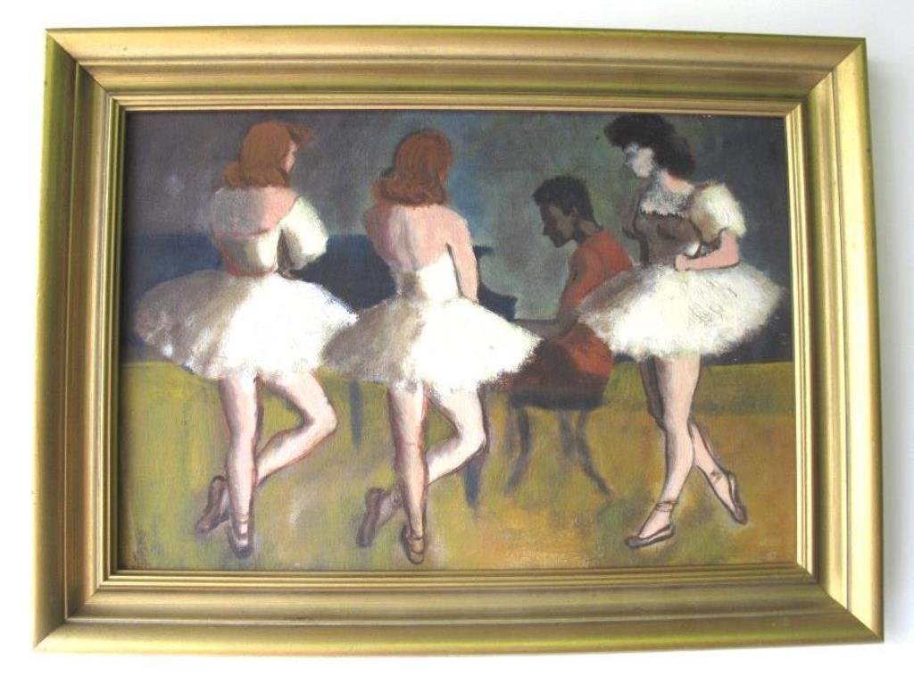 20th Century American School Oil on Board: Oil on board from the American School of the 20th century. Depicting a group of ballet dancers in white tutus around a man playing a piano. Housed in a carved, gold-painted wood frame. 14.5 inches hei