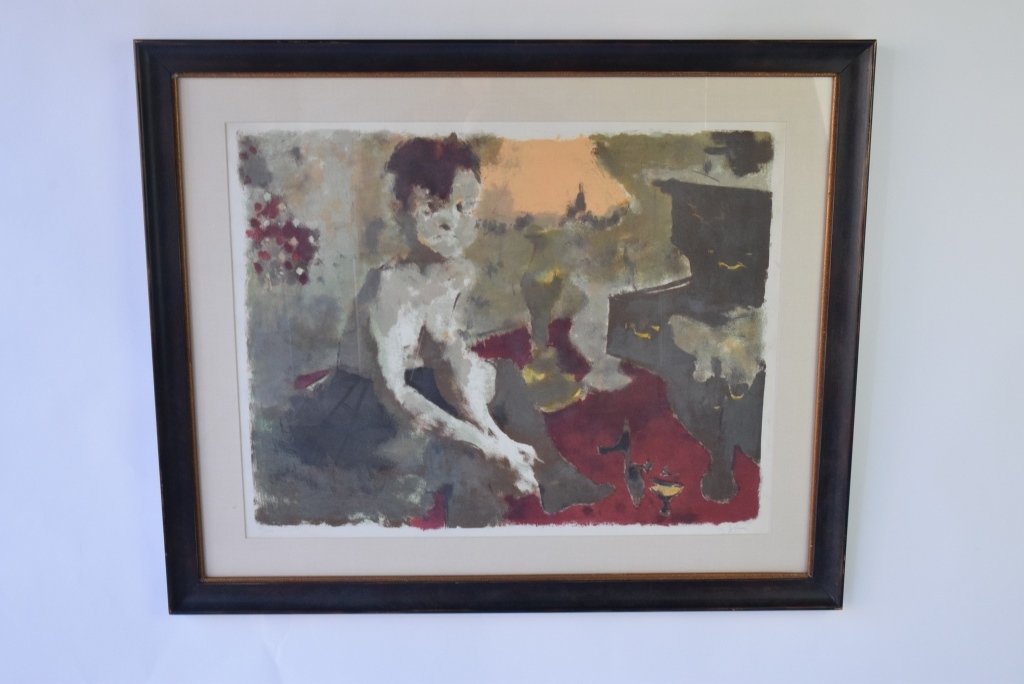 Jack Levine Signed Serigraph: Jack Levine (1915 - 2010) signed and numbered serigraph " Blue Angel" depicting surrealistic child signed in pencil lower right and numbered 39/100 housed in dark wood frame with gilt inner frame unde