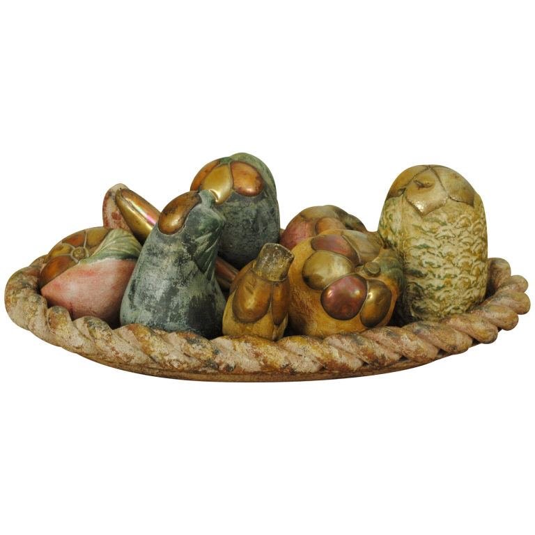 Painted Ceramic, Brass, and Copper Fruit Basket (1 of 7)