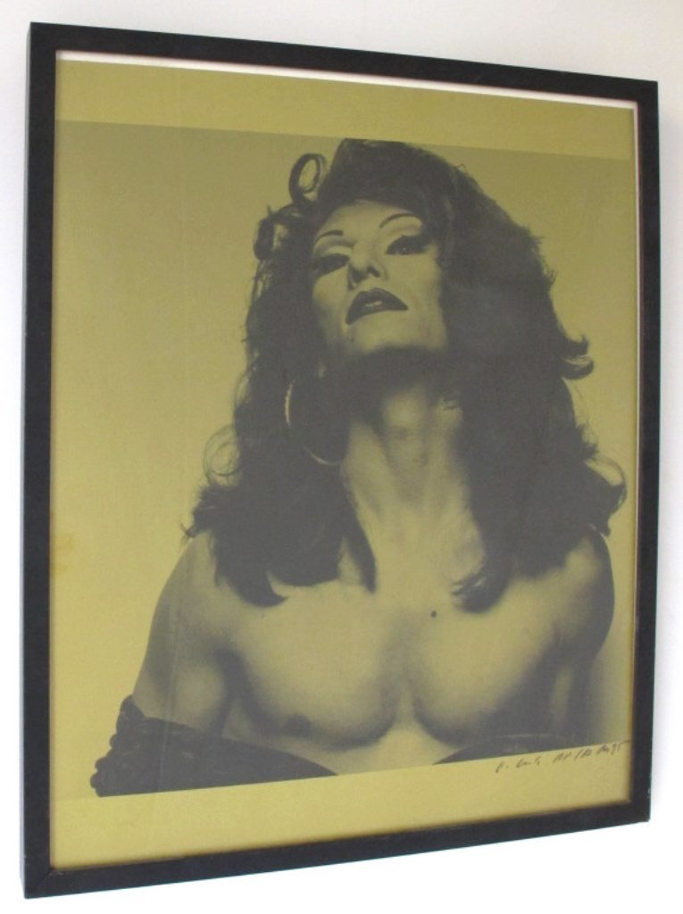 Signed and Stamped Michel Comte Print: Gold selenium toned gelatin print signed and stamped by Michel Comte. Depicting a man dressed in drag. Signed to bottom right with "MC" embossed below. 25 inches height, 21 inches width, 1 inch depth.