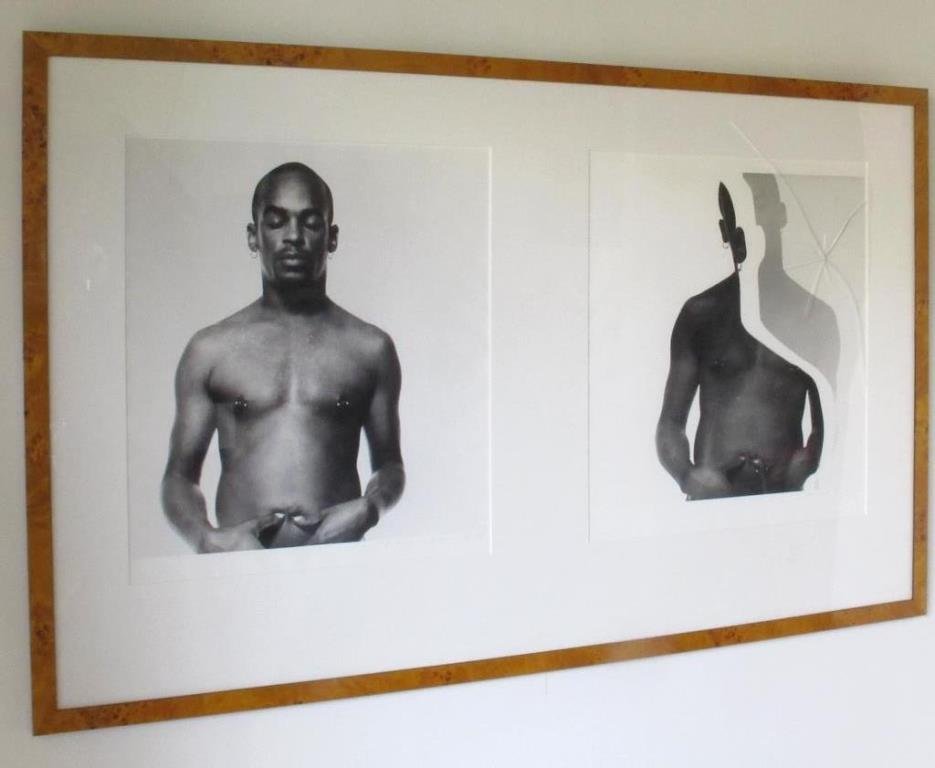 Michel Comte (1954-) Pair of Signed Photographs: Pair of black and white prints in a single wood veneered frame. Signed to lower right of each in pencil by Michel Comte and stamped with the artist's emblem. Depicting a man standing with eyes closed