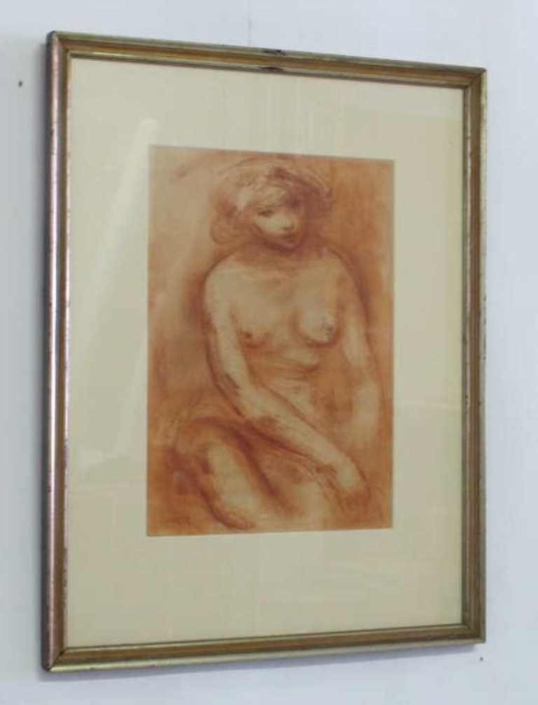 Jacques Zucker (1900-1981) Sanguine on Paper: Sanguine on paper signed J. Zucker to lower left. Depicting a nude female figure. Housed in a metallic painted wood frame with a single matte. 13.25 inches height, 9.5 inches width. Frame measures 21.