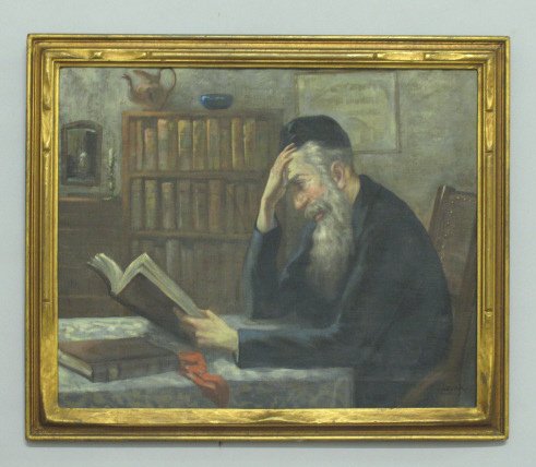 Signed Oil on Canvas: Oil on canvas signed with monogram to lower right. Depicting an older man with a beard seated at a table reading a book with a bookshelf behind on the wall. Housed in a gilt wood frame. 18 inches heig