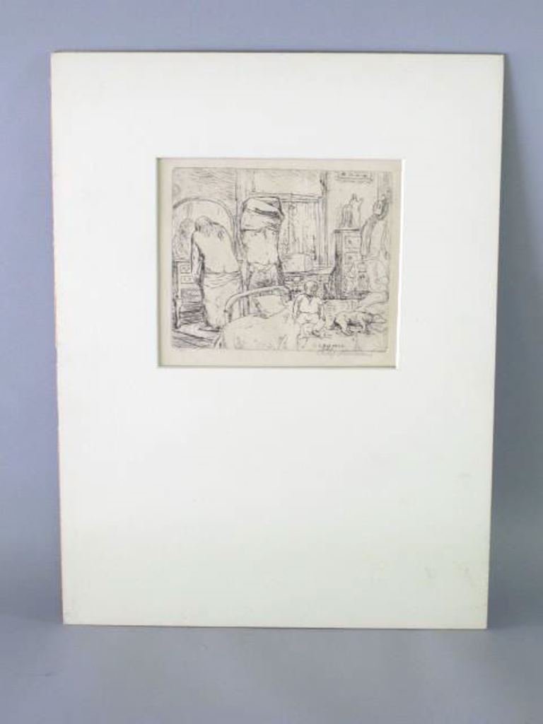Philip Reisman (1904-1992) Signed Etching: Etching signed in plate and in pencil by artist Philip Reisman to lower right. Dated 1928 and numbered out of 35. Depicting a genre scene of a couple undressing while their child sits on a bed with a