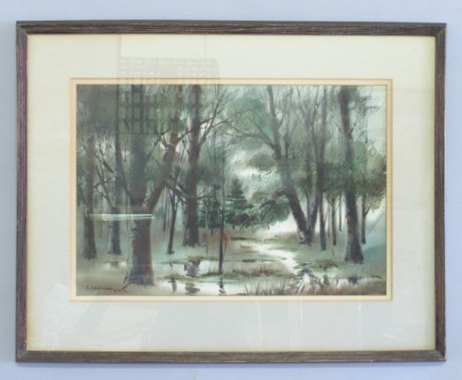 Samuel Leitman (1908-1981) Watercolor: Watercolor on paper by Samuel Leitman, signed "S. Leitman A.W.S." to lower left. Depicting a forest scene in painterly technique with overall green and brown tones. Housed in a wood frame with a doubl