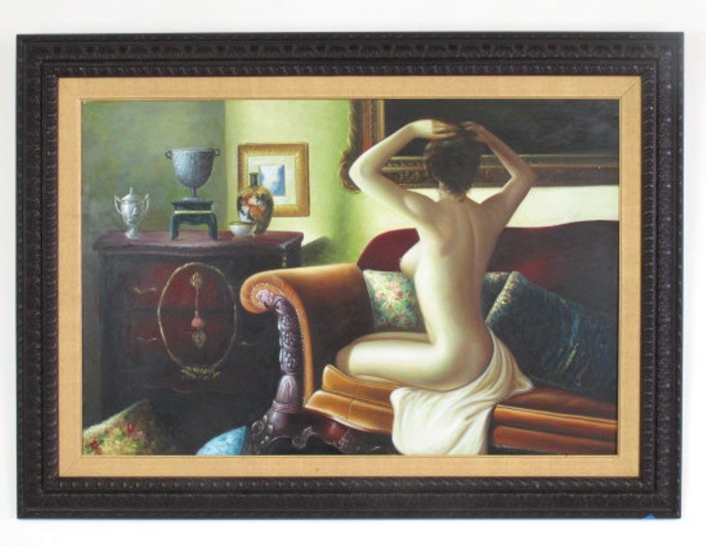 Oil on Canvas Painting of Nude Women: Contemporary horizontal painting depicting a nude female doing her hair unsigned housed in carved dark wood frame with burlap inner frame canvas 23.5" H x 35" W Very Good Dimensions:canvas 23.5" H x 3