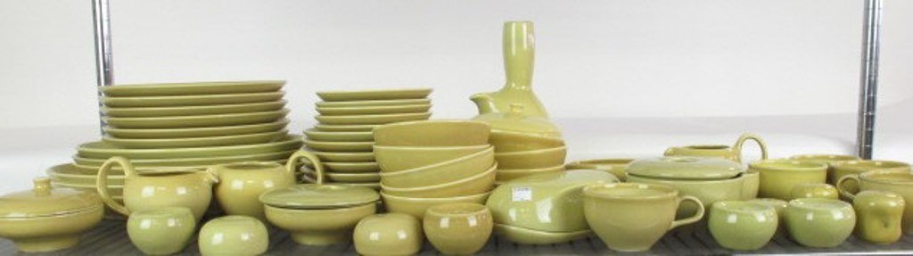 Iroquois Casual China Russel Wright Yellow 59 pcs: Approx. 59 pieces yellow Iroquois Casual China by Russel Wright. Various marks. Largest 14 inches long by 11 inches width. Dimensions: