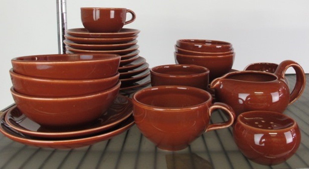 Iroquois Casual China Russel Wright Brown Lot: Approx. 39 pieces teal Iroquois Casual China by Russel Wright dinner ware. Largest 10 inches diameter. Dimensions: