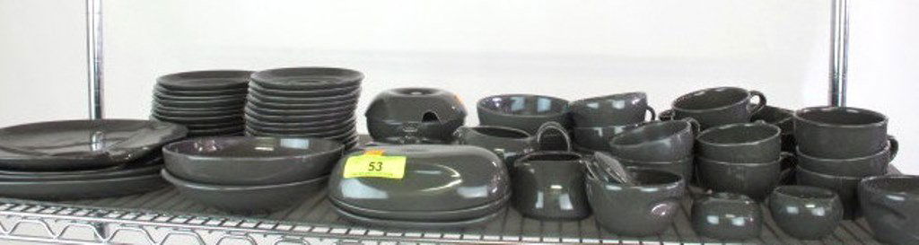 Russel Wright 65 Piece Dish Set Charcoal: Approx. 65 pcs plus 4 lids in ceramic. Charcoal. Most unmarked. Dimensions:
