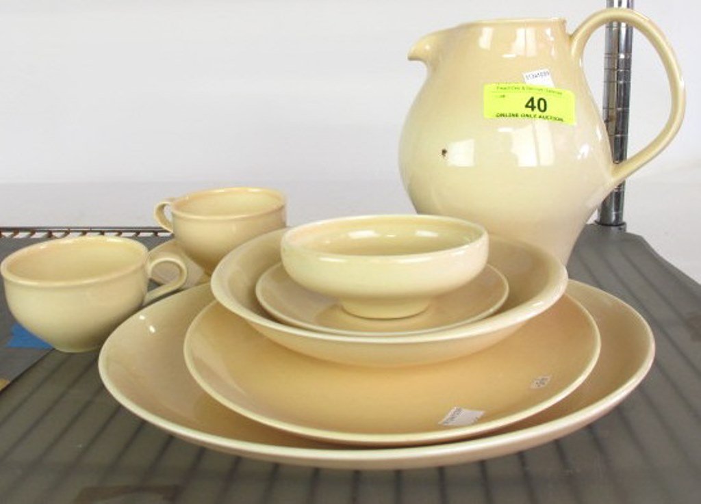 Iroquois Casual China Russel Wright 9 pcs Peach: Approx. 9 pieces of light peach dinnerware marked Iroquois Casual China by Russel Wright. 1 pitcher plus 8 items. Dimensions: