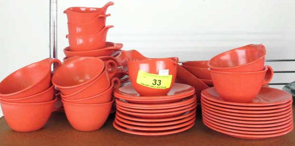 Russel Wright Residential Dinnerware Orange Lot: Group Lot 66 pieces orange Melamine dinnerware marked Russel Wright Residential by Northern. Dimensions: