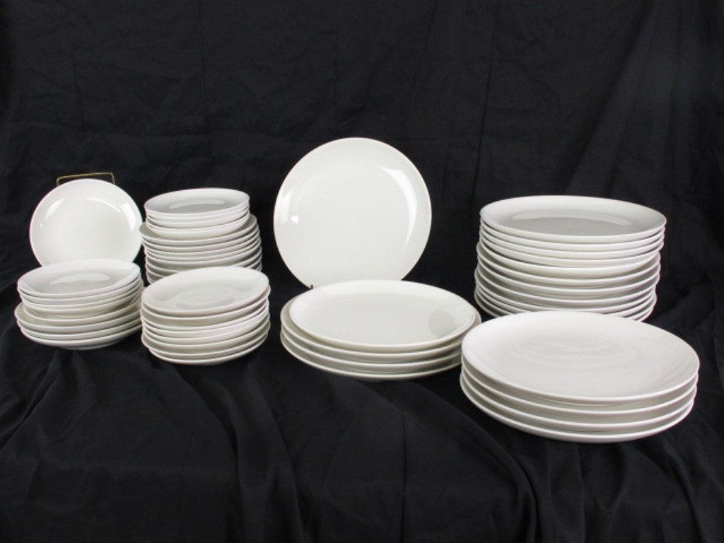 Iroquois Casual China Russel Wright Lot 51 Plates: Approx. 51 white plates. Two different Iroquois Casual China by Russel Wright marks. 10 inches diameter and less. Dimensions: