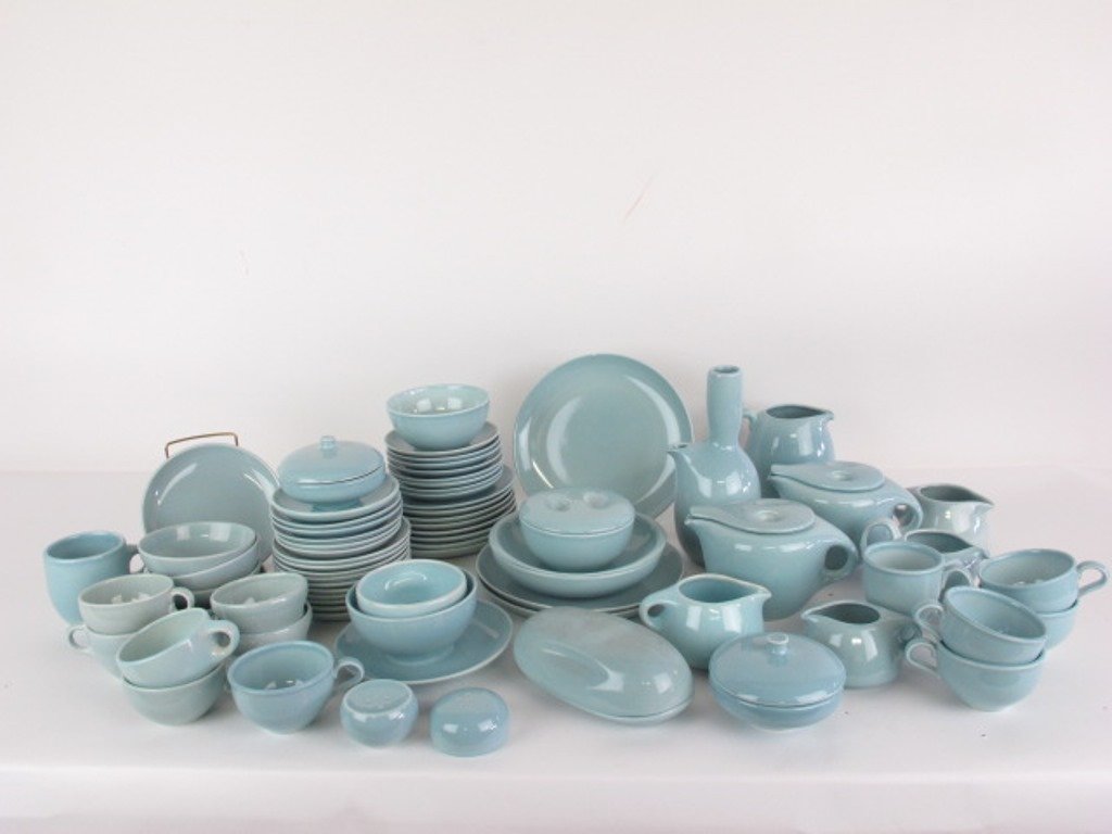 Iroquois Casual China Russel Wright Group Blue: 80 plus pieces of light blue Iroquois Casual China by Russel Wright dinnerware. Various marks, some unmarked. Dimensions: