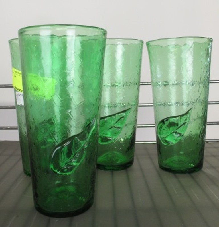 Set Four Blenko Art Glass Tumblers: with applied leaf 7" H x 3.5" diameter Good used Dimensions: 7" H x 3.5" diameter