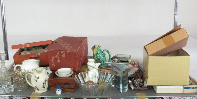 Group Lot Rosenthal Royal Copenhagen: Two Rosenthal glass sets in original boxes six each, Rosenthal crystal classic vase in original box, Royal Copenhagen Queen Margrethe II 1990 plate, Clinchfield pottery pitcher, Holmegaard candle hold