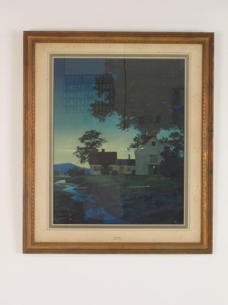 Maxfield Parrish Print Twilight: Matted and framed under glass.Good condition with stains to Madding and scratches to frame. 27 inches height, 23 inches width. 27"H x 23"W Dimension: 27"H x 23"W Provenance: