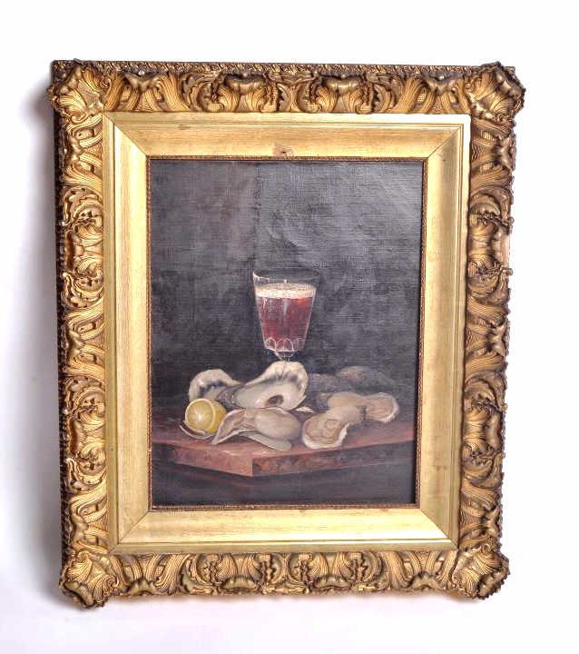 Oil on Canvas Still Life w/ Oysters: 19th century. The still life depicts oysters with a lemon and a glass of wine resting on a table. Mounted in a gold frame (losses to frame). Sight: 18 inches height, 14 inches width. Overall: 27 inche