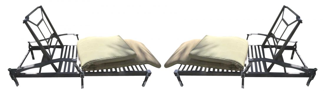 Three Aluminum Chaise Lounges: Brown painted finish, each fitted with green loose cushion. Condition - used, losses to paint. Measures 12 inches in height, 78 inches in length and 28 inches in width. 12"H x 78"L x 28"W Used, losses