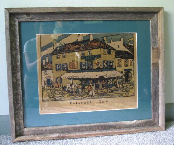 Falstaff Inn Print: Print titled "Falstaff Inn" with blurb describing the Philadelphia inn from the 18th and 19th centuries. Copyright 1909 Robert Smith Ale Brewing Co. Housed in an unfinished wood frame. 11.25 inches he