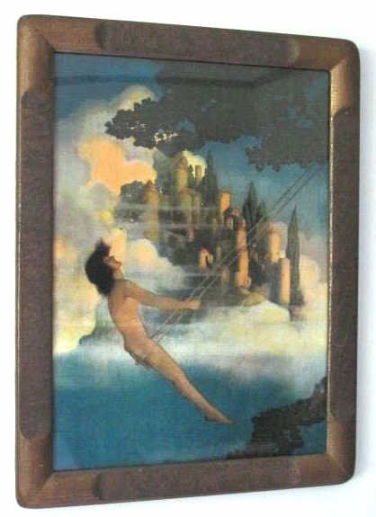 Maxfield Parrish (1870-1966) "Dinky Bird" Print: Lithographic print of Maxfield Parrish's "The Dinky Bird." Depicting an androgynous figure swinging on a swing with a large building structure in the background. Housed in a wood frame. 15 inches heig