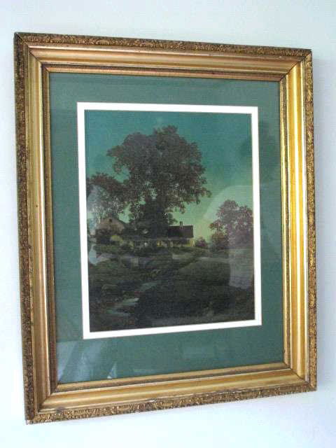Maxfield Parrish (1870-1966) "Evening" Print: Lithograph of Maxfield Parrish's "Evening," original painted 1947. Depicting a house in a landscape with greenery and stream during sunset. Housed in a gilt applique frame. 19 inches height, 15 inches