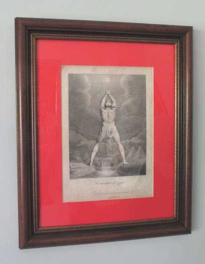 William Blake "Fertilization of Egypt" Engraving: Engraving signed in plate W. Blake titled "Fertilization of Egypt" after a drawing by H. Fuseli. Depicting the god Anubis with a dog head praying over land with pyramids. Housed in a wood frame. 10 in