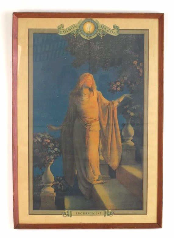 Maxfield Parrish Edison Mazda Enchantment Print: Color lithograph by Maxfield Parrish reading "Edison Mazda" to top and "Enchantment" to bottom. Depicting a woman in white robes and beads standing on stairs with flowers around her. Housed in a wood