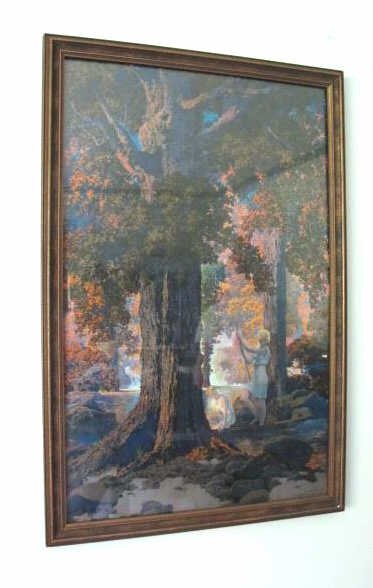 Maxfield Parrish "Golden Hours": Framed print depicting young people in a forest in period frame overall 24" H x 16" W Good light frame wear Dimensions: overall 24" H x 16" W Provenance: