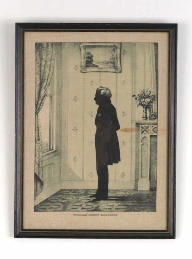 Print on Cloth of William Henry Harrison: Black and gray print on cloth depicting a male figure looking out a window. He is in silhouette but his surroundings are in full view. Lettering to bottom reads "William Henry Harrison." Housed in a w