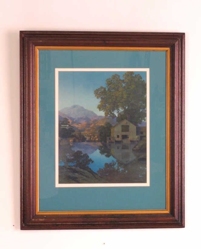 "The Millpond," by Maxfield Parrish: In mahogany frame with gilt inner frame. Double matted under glass.