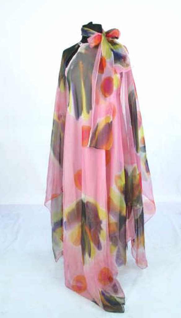 Painterly Silk Dress Silk dress having painterly design: Silk dress having painterly design in dominant pink shade with other colors and matching neck scarf. 59 inches length, 15 inches width. 59"H x 15"W Measurements: 59"H x 15"W