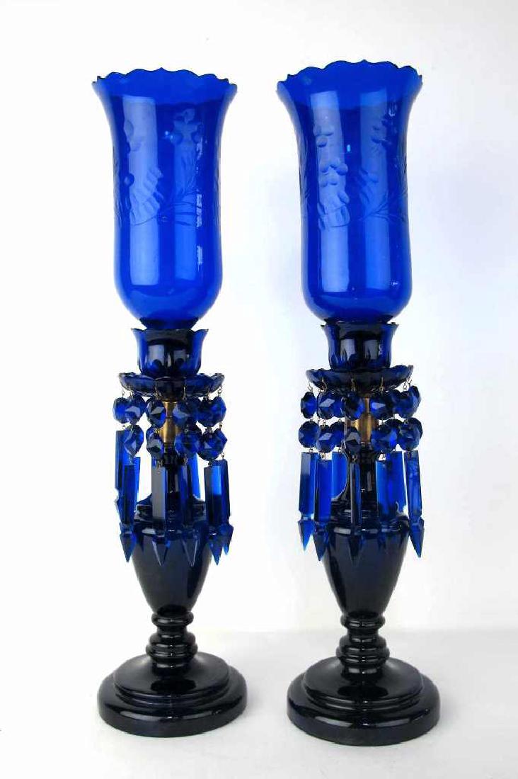 Pair of Cobalt Bristol Glass Lusters Baluster form with (1 of 7)