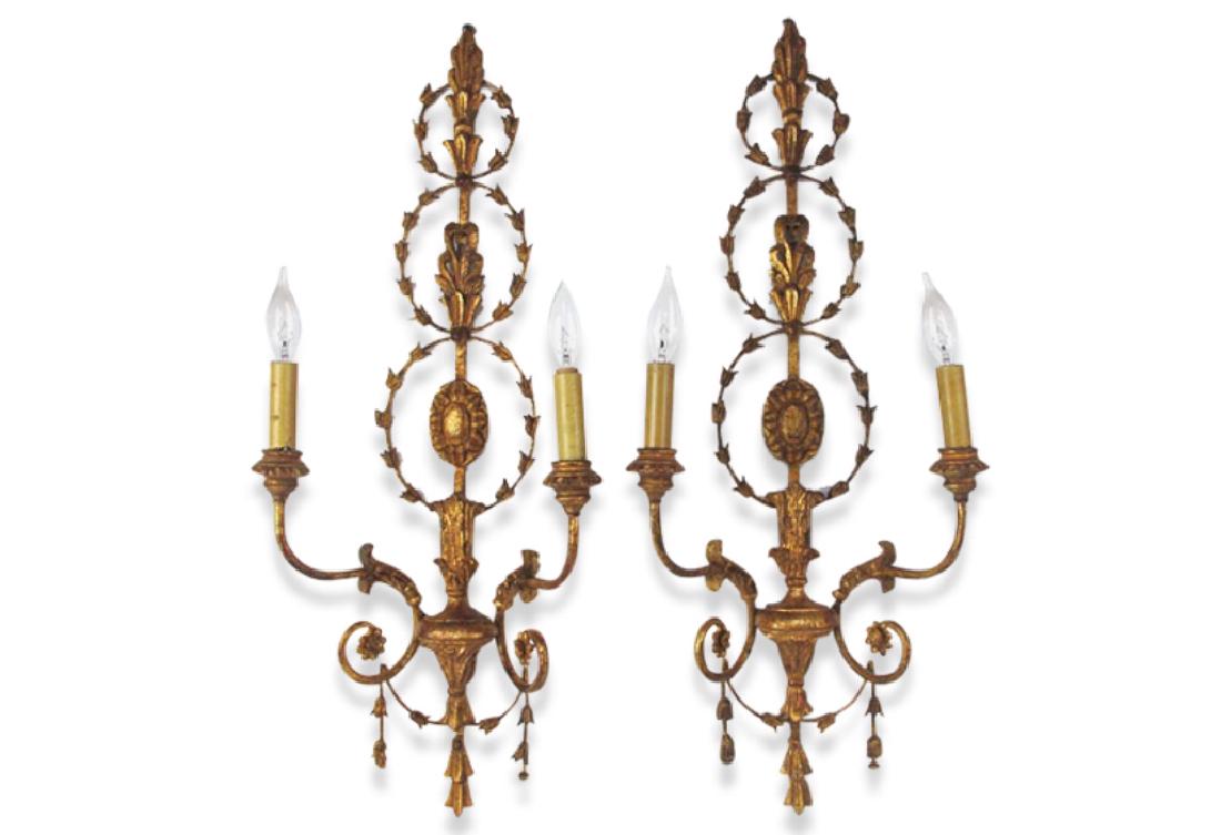 Pair Italian Iron and Carved Wood Sconces 20th century.: 20th century. Each with three foliate designed candle arms. 31 inches height, 12 inches width.