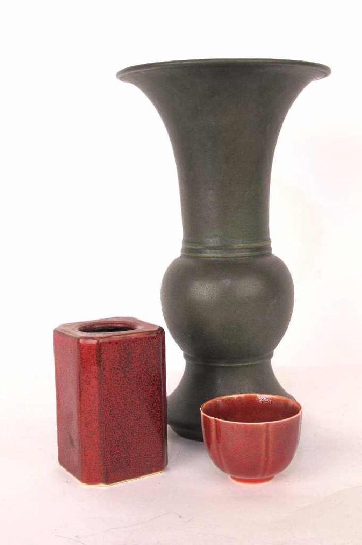 Three Chinese Ceramic Vases Gu form vase in olive (1 of 6)