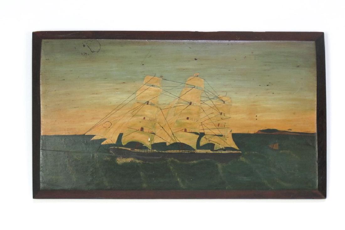 Sailing Ship Painting on Wood Panel Painting on wood: Painting on wood panel depicting a ship with sails on the ocean with a landmass in the back right. Unsigned. 13 inches height, 22.5 inches width. 13"H x 22.5"W Dimenstions: 13"H x 22.5"W