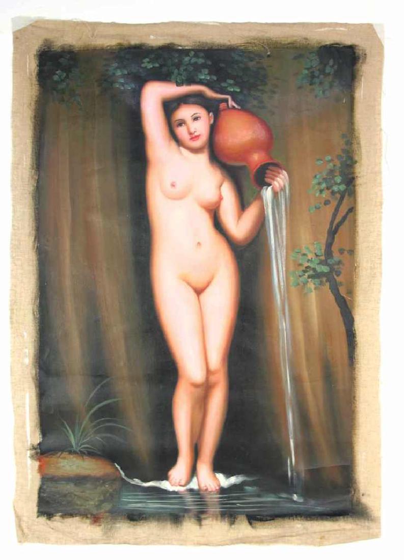 Oil on Canvas of a Female Nude: Oil on canvas painting depicting a nude female figure holding a vessel over her shoulder. Unsigned, slight wear. 40 inches height, 29 inches width. 40"H x 29"W Unframed Dimensions: 40"H x 29"W