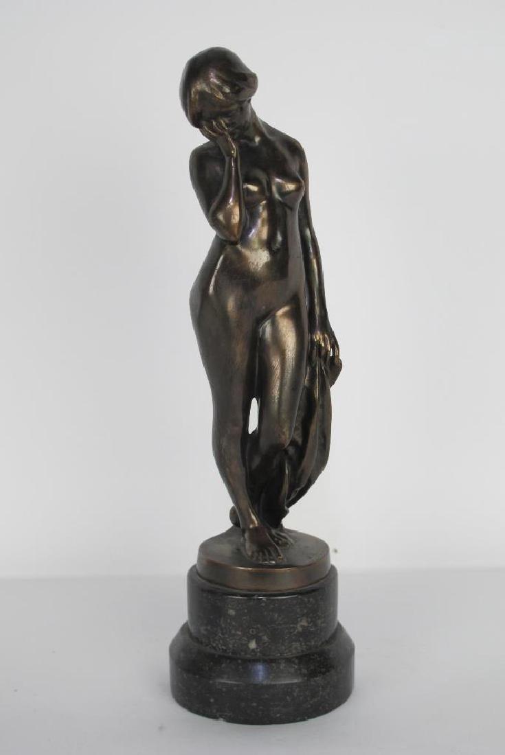 Antique Deco Bronze of Girl: Art Deco bronze statue of a nude female figure holding a piece of fabric. On a round marble base. 16.5 inches height, 4.5 inches width, 4.5 inches depth. 16.5"H x 4.5"W x 4.5"D Dimensions:16.5"H x 4.5