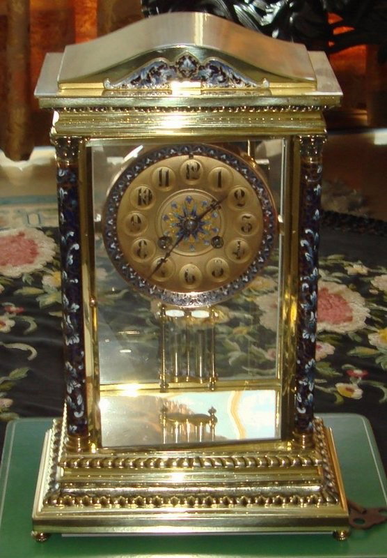 Antique Tiffany Champleve Crystal Regulator Clock: Enjoy owning this strikingly handsome Tiffany 19th Century - turn of the Century antique French champleve and brass crystal regulator clock which features Tiffany & Co signed face, beveled glass, Fren