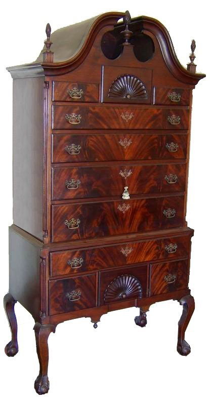 Important Fine Antique Mahogany Victorian Highboy: Top quality mahogany highboy with mahogany burl front drawers. The secondary wood is pine. Circa 1840s. 79" h. X 40" w. X 21" d.