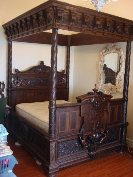 Antique French Oak Canopy Bed Barbedienne Bronze