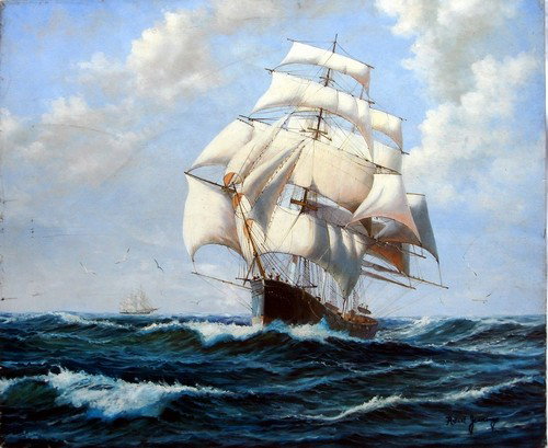 Oil Painting Jennings (1846 - 1892) Maritime: "Coming Home" Evocative oil on canvas painting signed lower right Robert Jennings (1846 - 1892). Dimensions: 24" X 20".