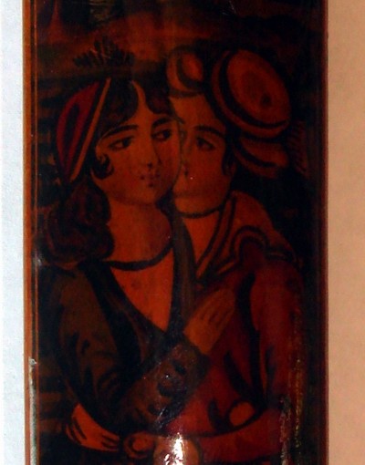 Antique Persian Qajar Qalamdan Pen Case 1800s: Hand painted antique Persian Qajar polychrome lacquer papier mache qalamdan from the 19th Century depicting Classic Noble Lore. Dimensions: 8.25" X 1.5" X 1.5".