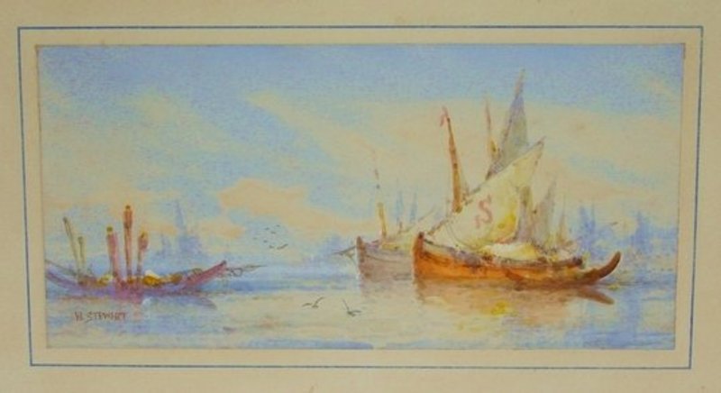 Painting William Stewart 1823 - 1906 Venice: “Approaching the Grand Canal” watercolor on paper laid down on board, signed by William Stewart, lower left. This special original piece features the iconic famous Schiavoni “S” sail on the ty
