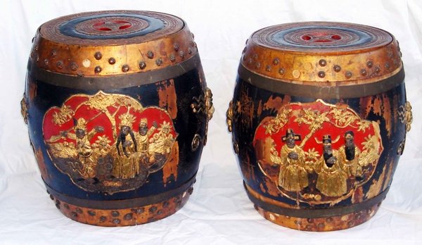 Two Antique Carved Chinese Barrel Tables.: Two hand painted and relief carved antique Chinese barrel/drum (tables) - include gilting. Dimensions: Larger barrel - 17.75" high X 14.25" diameter. Slightly smaller barrel - 17.50" high X 14.1" diam