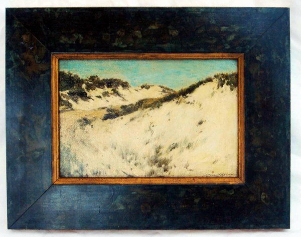 Oil Painting Leon Moran "Hampton Dunes" 1864 - 19: "Hampton Dunes" Landscape oil painting on board, signed lower right Leon Moran. Evocative style invites the viewer to feel the iconic New York Long Island oceanside ambience of the Hamptons. Born in P