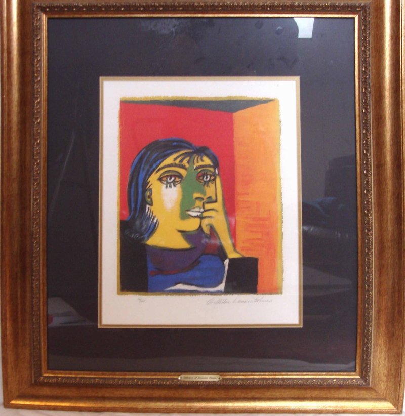 Picasso Lithograph Signed Numbered Thinking Woman: 17.5" X 13.25" (not including frame), "Femme Penser" (Thinking Woman) limited edition (500), authorized by the Picasso Estate, fine Lithography of orginal oil by Pablo Picasso (1881 - 1973), on heavy 