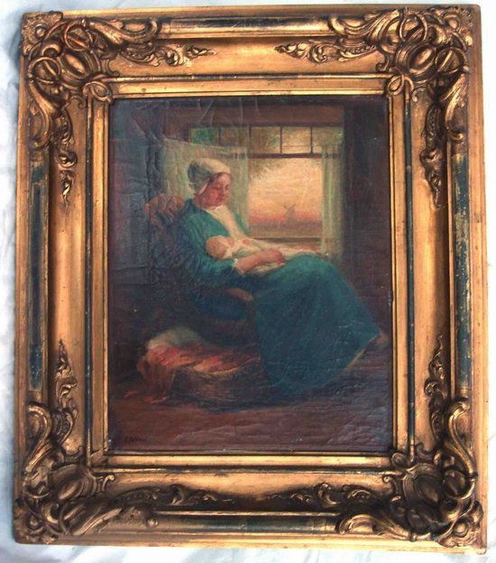 Oil Painting Bernard Pothast (1882 - 1966): Paisible Jeune Mère (Peaceful Young Mother) oil on canvas, signed bas gauche by Bernard Pothast (1882 - 1966). Dimensions: 14" X 11" (without frame). This fine piece is an iconic classic Pothast work