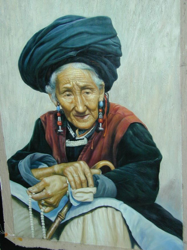 Portrait Oil Painting Jiang Guofang: Past Contemplated, oil on canvas, signed verso by Jiang Guofang (1951 - Present ). Dimensions: 36" X 28". An extremely fine example of the contemporary famous painter Jiang's talent and ability to tra