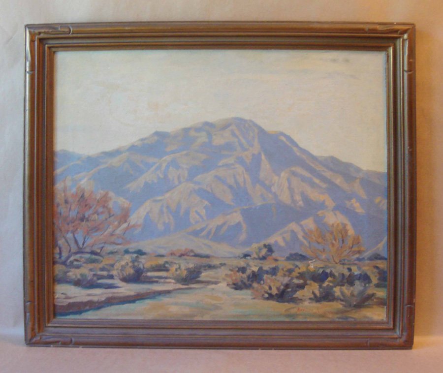 Plein Air Desert Oil Painting Darwin Duncan: Oil on canvas, "Desert Mountain", signed by Darwin William Duncan (1905 - 2002) lower right. Dimensions: 19.75" X 23". Refined California Plein Air painter, Duncan was a member of Laguna Beach Art Ass